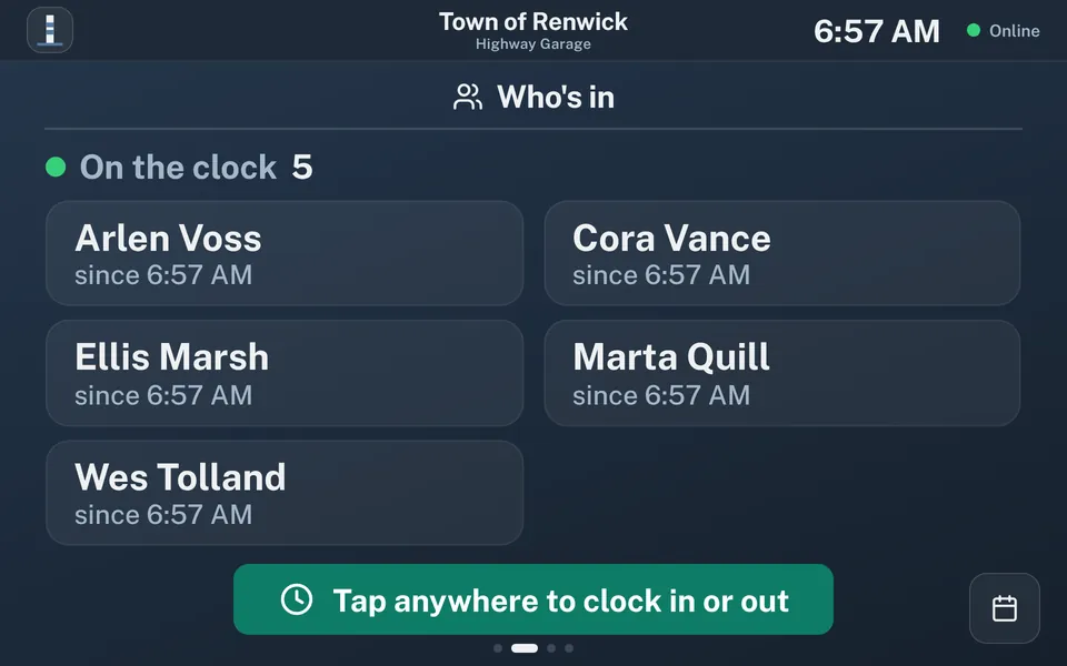 Who’s in screen. Five crew members are listed as on the clock, each with the time they clocked in, above the same green button to clock in or out.