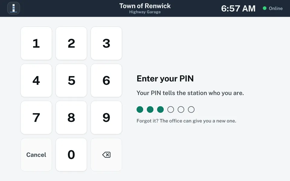 PIN screen. A number pad sits on the left. On the right are the words Enter your PIN, a row of six dots with three filled in, and a note: Forgot it? The office can give you a new one.