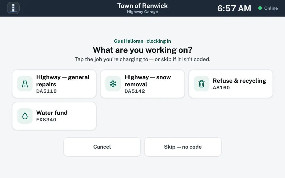 Job code screen asking What are you working on? Four fund codes can be tapped: Highway general repairs DA5110, Highway snow removal DA5142, Refuse and recycling A8160, and Water fund FX8340. Cancel and Skip buttons sit below.