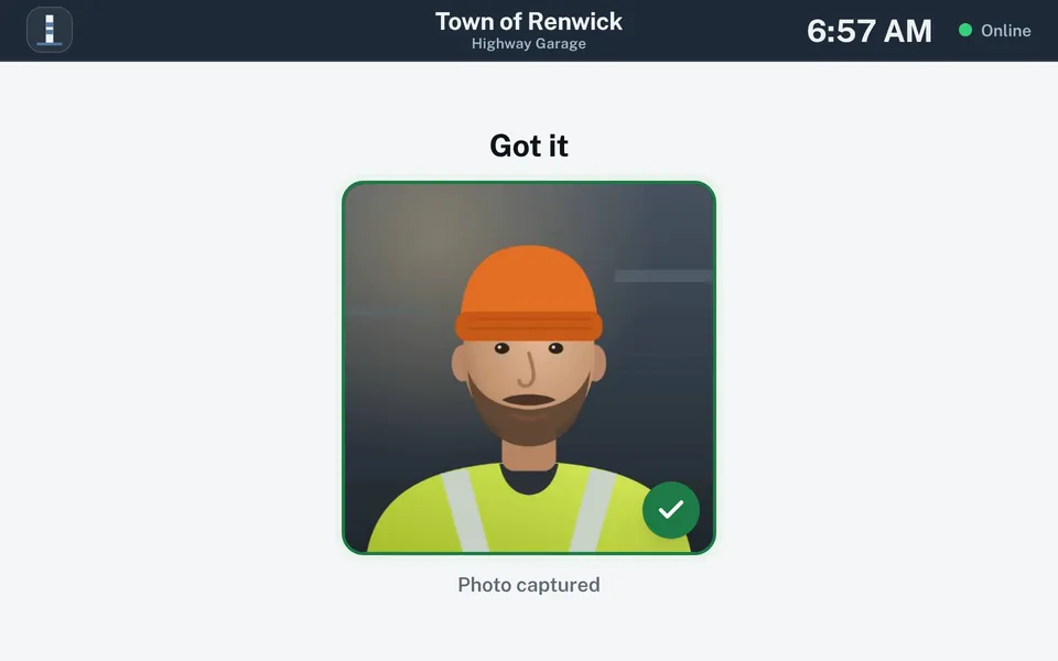 Photo captured screen titled Got it. The photo of the crew member has a green check mark, with the label Photo captured.